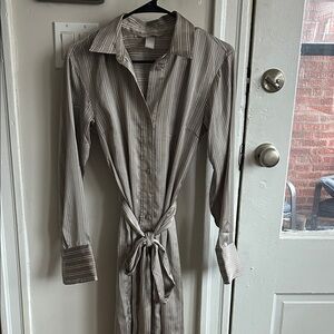 H&M Long Sleeve Striped Tie-Waist Maxi Dress in Beige and White